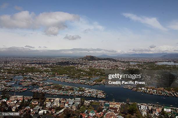 An aerial view of Srinagar city with Kohi Maraan hillock in the backdrop.The Kashmir valley has been witnessing heavy rainfall past few days, leading...