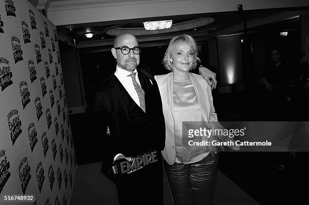 Miranda Richardson and Stanley Tucci with the Empire Hero award pose in the winners room at the Jameson Empire Awards 2016 at The Grosvenor House...