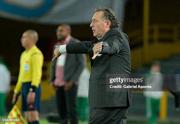 Ruben Israel coach of Millonarios gestures during a match between Millonarios and Santa Fe as part of 10th round of Liga Aguila I at Nemesio Camacho...