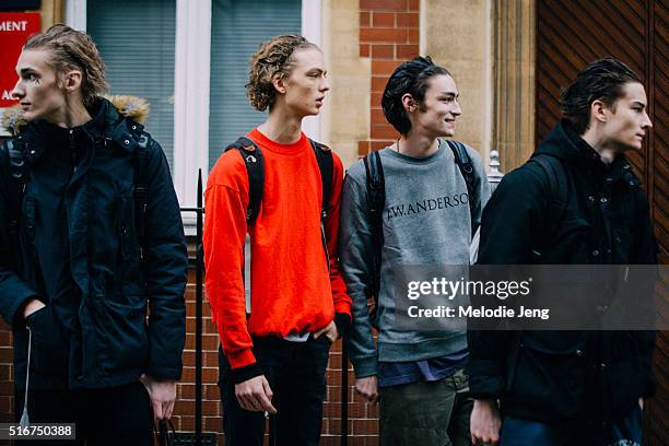 Models Marten Padama, Leon Dame, Elijah Van Brocklin, and Adrien Lesueur after the J.W. Anderson show at Yeomanry House during The London Collections...