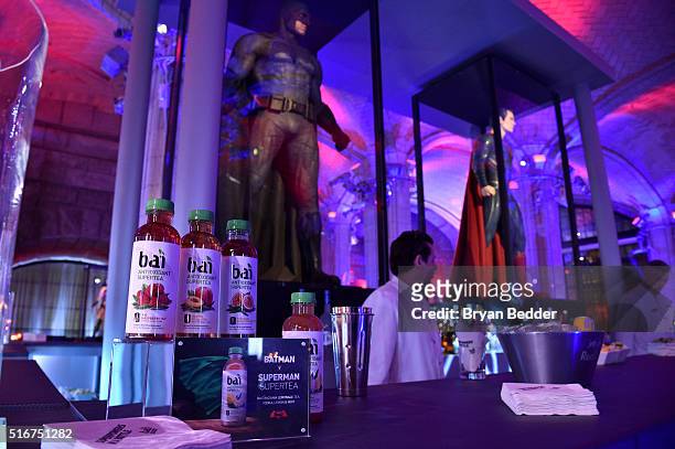 View of products on display at the launch of Bai Superteas at the "Batman v Superman: Dawn of Justice" Premiere Party on March 20, 2016 in New York...