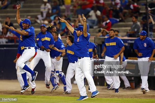 Team Colombia celebrates a home run by Dilson Herrera during Game 6 of the World Baseball Classic Qualifier against Team Panama at Rod Carew Stadium...