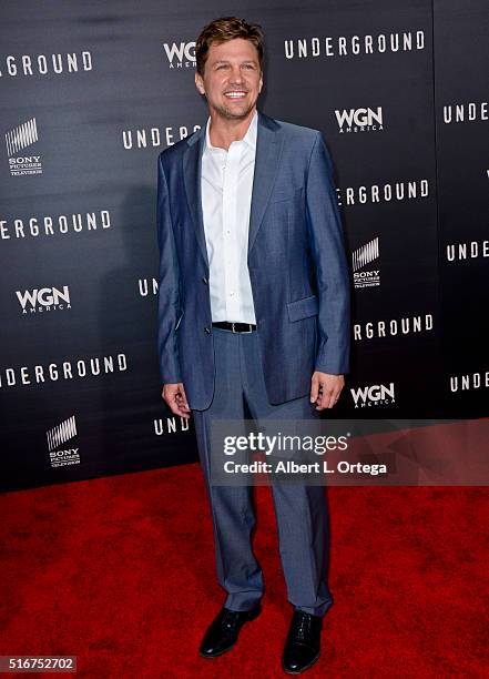 Actor Marc Blucas arrives for the premiere of Premiere Of WGN America's "Underground" held at The Theatre held at The Ace Hotel on March 2, 2016 in...