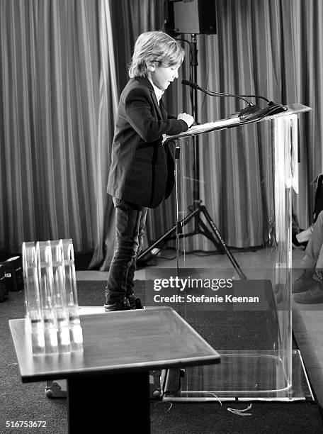 Model Hudson Kroenig accepts the FLA Fashion Icon on behlaf of designer Karl Lagerfeld onstage during The Daily Front Row "Fashion Los Angeles...
