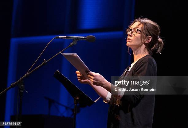 Actress Joanne Whalley reads during Selected Shorts 2016: Dangers And Discoveries at the Getty Center on March 20, 2016 in Los Angeles, California.