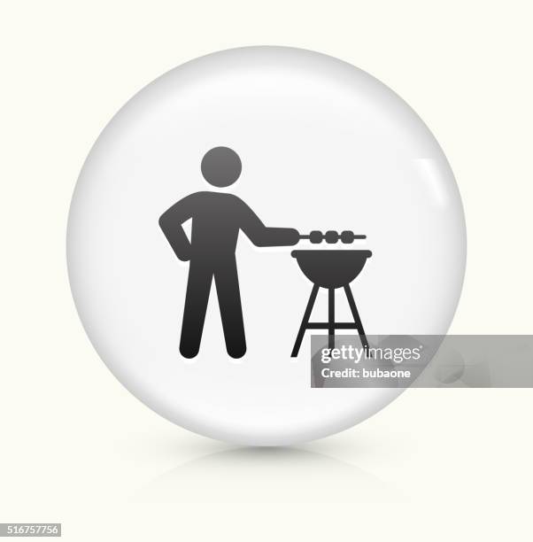 bbq icon on white round vector button - men grilling stock illustrations