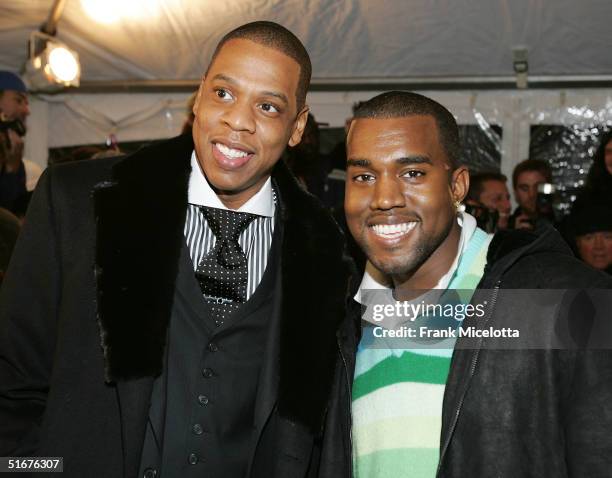 Rappers Jay-Z and Kanye West arrive for the world premiere of concert film Jay-Z "Fade to Black", November 4, 2004 at the Zigfield theater in New...