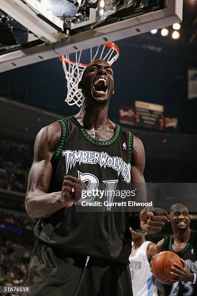 Kevin Garnett of the Minnesota Timberwovles show his emotions against the Denver Nuggetson November 4, 2004 at Pepsi Center in Denver, Colorado. NOTE...