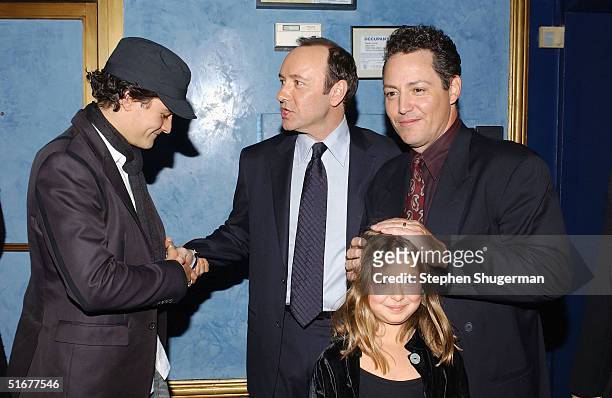 Actor Orlando Bloom, actor Kevin Spacey, Dodd Darin, son of singer Bobby Darin, and Alexa Darin attend the after party following the opening night of...