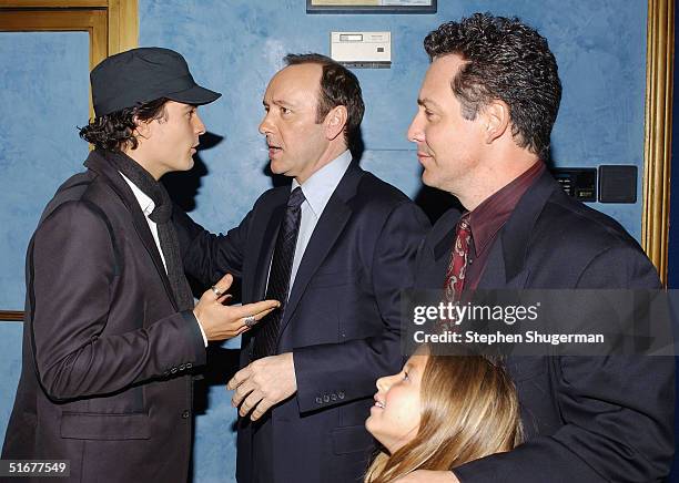 Actor Orlando Bloom, actor Kevin Spacey, Dodd Darin, son of singer Bobby Darin, and Alexa Darin attend the after party following the opening night of...