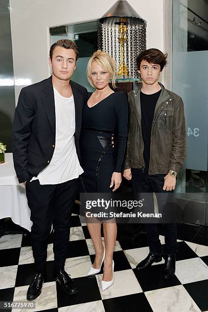 Dylan Jagger Lee, actress Pamela Anderson and Brandon Thomas Lee attend Daily Front Row Fashion Los Angeles Awards Private Dinner Hosted By Eva Chow...