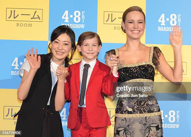 Actress Brie Larson, actor Jacob Tremblay and actress Miho Kanno attend the 'Room' Japan Premiere on March 21, 2016 in Tokyo, Japan.