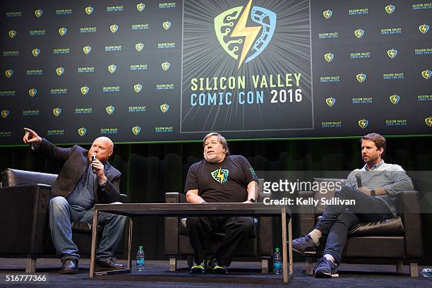 Rick White, Steve Wozniak, and actor Jon Heder speak onstage to close out the last day of the Silicon Valley Comic Con on March 20, 2016 in San Jose,...