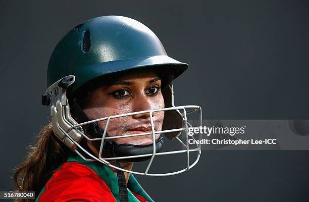 Jahanara Alam, Captain of Bangladesh prepares to bat during the Women's ICC World Twenty20 India 2016 Group B match between West Indies and...
