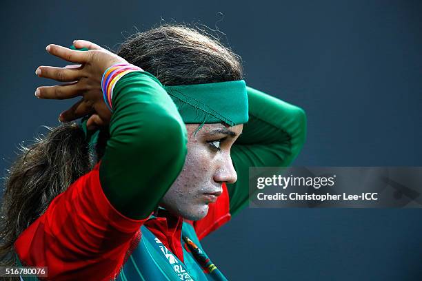 Jahanara Alam, Captain of Bangladesh prepares to bat during the Women's ICC World Twenty20 India 2016 Group B match between West Indies and...