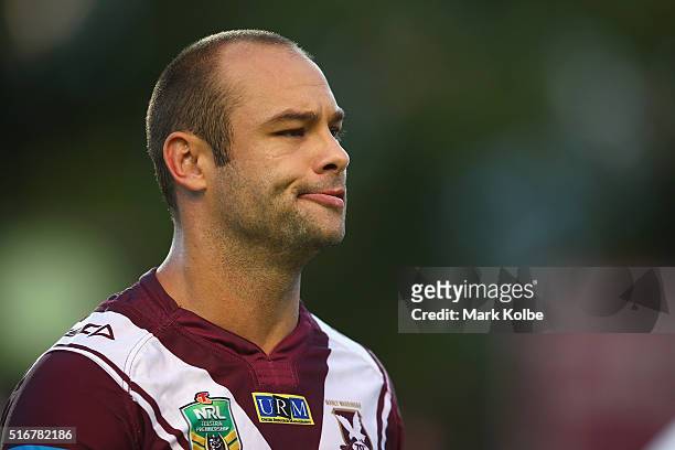 Brett Stewart of the Eagles watches on during warm-up ahead of the round three NRL match between the Manly Sea Eagles and the Cronulla Sharks at...
