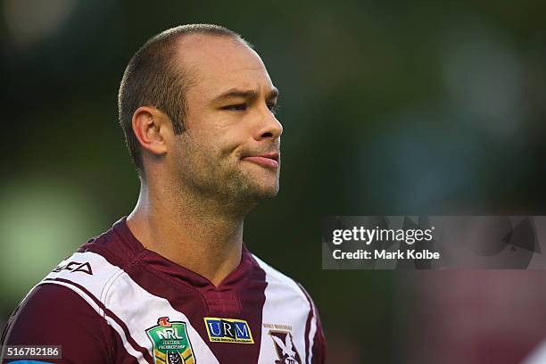 Brett Stewart of the Eagles watches on during warm-up ahead of the round three NRL match between the Manly Sea Eagles and the Cronulla Sharks at...