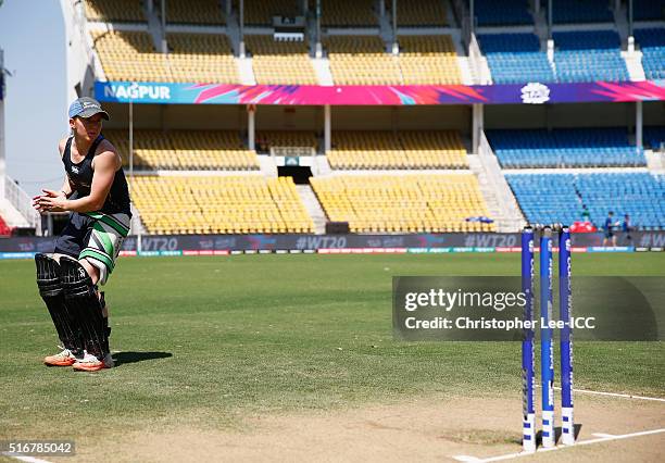 Katie Perkins of New Zealand familierizes herself with the pitch before the match starts during the Women's ICC World Twenty20 India 2016 Group A...