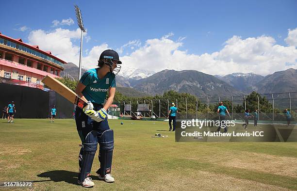 Charlotte Edwards, Captain of England preapres to bat in the nets during a practice session during the Women's ICC World Twenty20 India 2016at the...