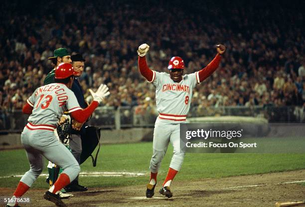 Joe Morgan of the Cincinnati Reds scores during the World Series against the Oakland Athletics at Oakland-Alameda County Coliseum on October 1972 in...