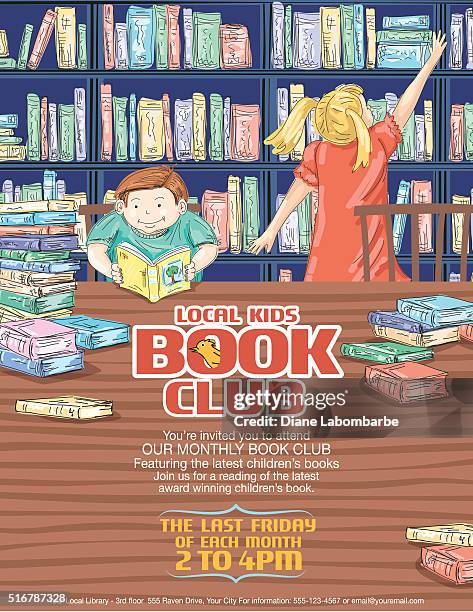 illustrations, cliparts, dessins animés et icônes de livre de la bibliothèque pour enfants du modèle de l'affiche - salon du livre