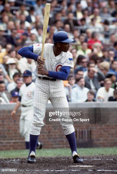 Hall of Famer Ernie Banks of the Chicago Cubs stands at bat at Wrigley Field in Chicago, Illinois.