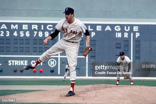 Jim Lonborg of the Boston Red Sox pitches against the St. Louis Cardinals during the World Series at Fenway Park on October 1967 in Boston,...