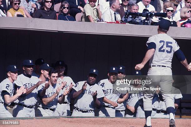 Detroit Tigers cheer for Norm Cash during the game against the St. Louis Cardinals during the 1968 World Series at Busch Stadium in St. Louis,...