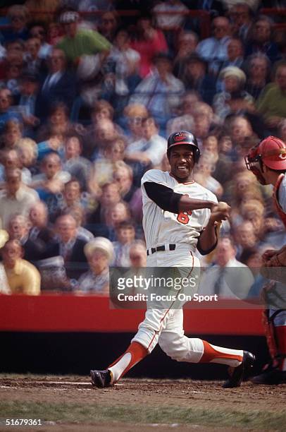 Orioles' outfielder Paul Blair batts against the Cincinnati Reds during the 1970 World Series at Memorial Stadium in Baltimore, Maryland.