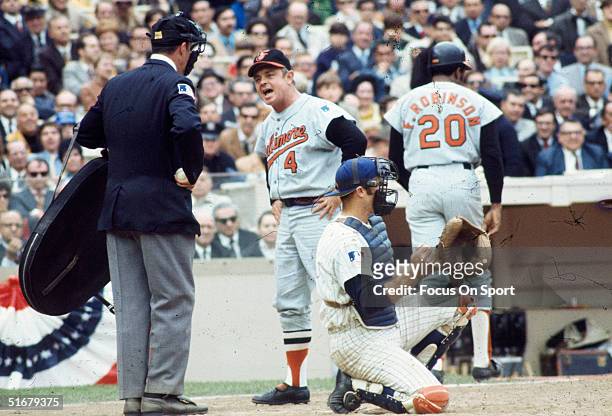 Earl Weaver manager for the Orioles argues with the umpire during the World Series against the New York Mets at Shea Stadium on October 1969 in...