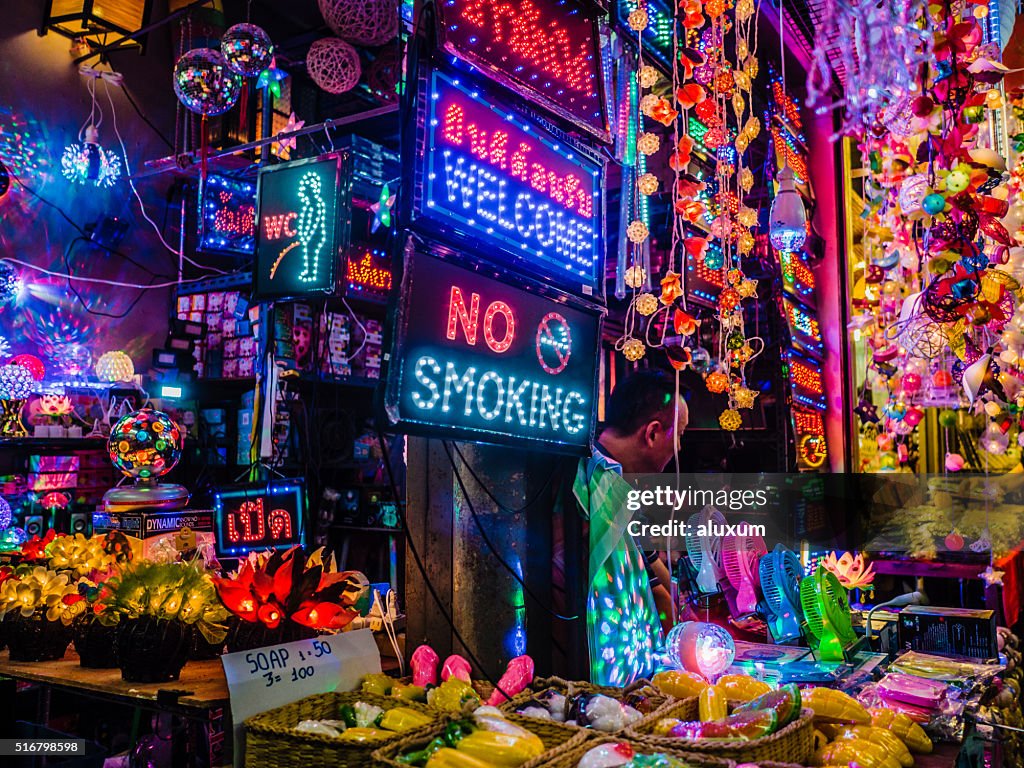 Neon lamps and signs Chatuchak market Bangkok