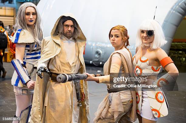 Cosplay enthusiasts attend as R2d2, Luke Skywalker, Rey and BB-8 from Star Wars on the 2nd day of Comic Con 2016 on March 20, 2016 in Birmingham,...