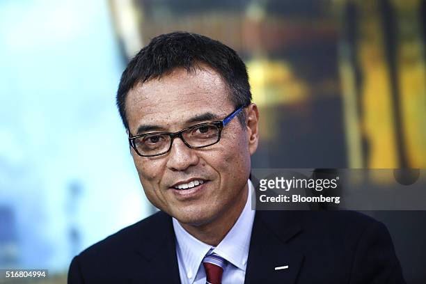 Takeshi Niinami, president and chief executive officer of Bank of Suntory Holdings Ltd., looks on during a Bloomberg Television interview in London,...