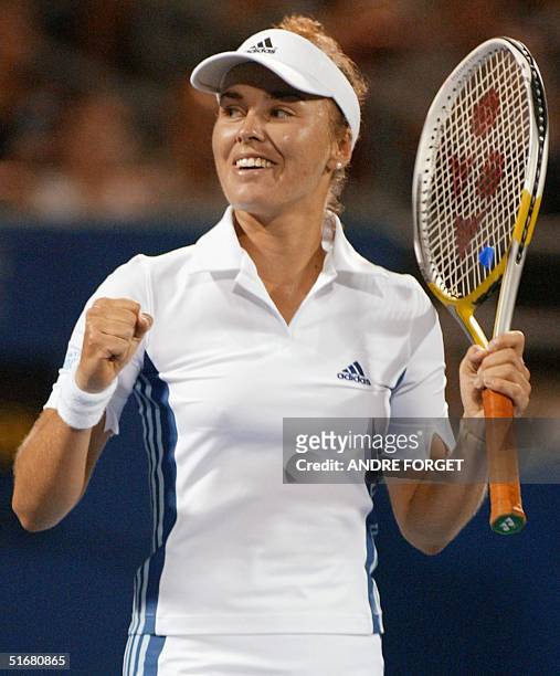 Former world number one Martina Hingis of Switzerland reacts after a shot against Clarisa Fernandez of Argentina during the third round of the Rogers...