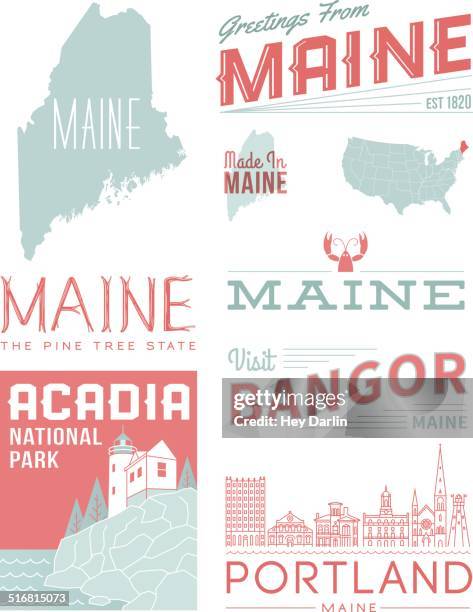 maine typografie - verwaltungsbezirk cumberland county stock-grafiken, -clipart, -cartoons und -symbole