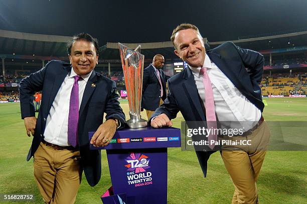 Bangalore, INDIA Sunil Gavaskar, cricket commentator and former Indian cricketer and Michael Slater, cricket commentator and former Australian...