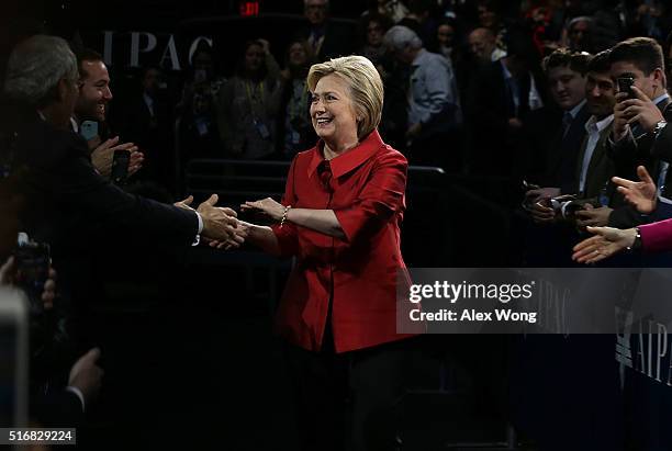 Democratic presidential candidate Hillary Clinton greets attendees piror to her address to the annual policy conference of the American Israel Public...