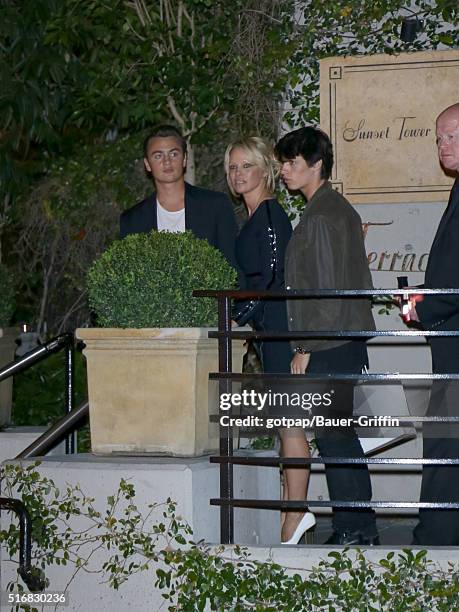 Pamela Anderson with her sons Brandon Thomas Lee, and Dylan Jagger Lee are seen leaving 'Fashion Los Angeles Awards' at Sunset Tower Hotel on March...