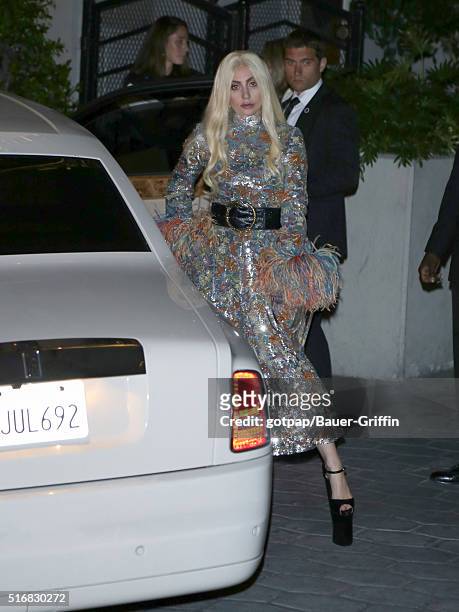 Lady Gaga is seen leaving 'Fashion Los Angeles Awards' at Sunset Tower Hotel on March 20, 2016 in Los Angeles, California.
