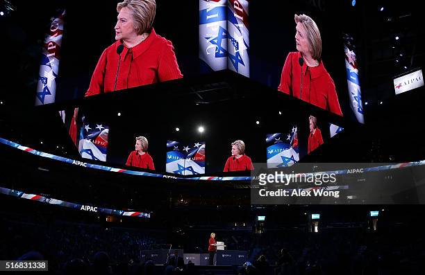 Democratic presidential candidate Hillary Clinton addresses the annual policy conference of the American Israel Public Affairs Committee March 21,...