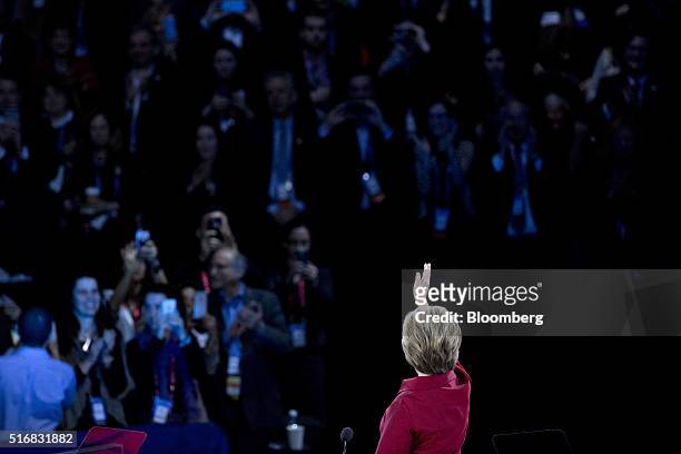 Hillary Clinton, former Secretary of State and 2016 Democratic presidential candidate, waves after speaking during the American Israeli Public...