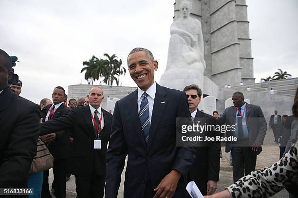 President Barack Obama stands near the Jose Marti memorial after taking part in a wreath laying ceremony in Revolution Square on March 21, 2016 in...