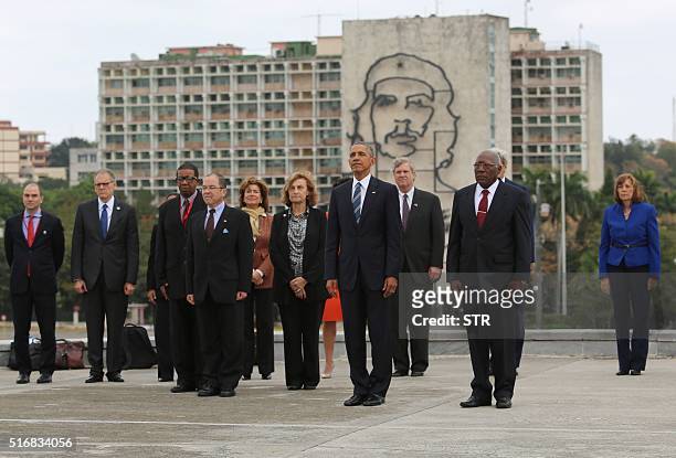 President Barack Obama attends a wreath-laying ceremony at Jose Marti monument in the Revolution Palace of Havana next to the Vice-President of the...