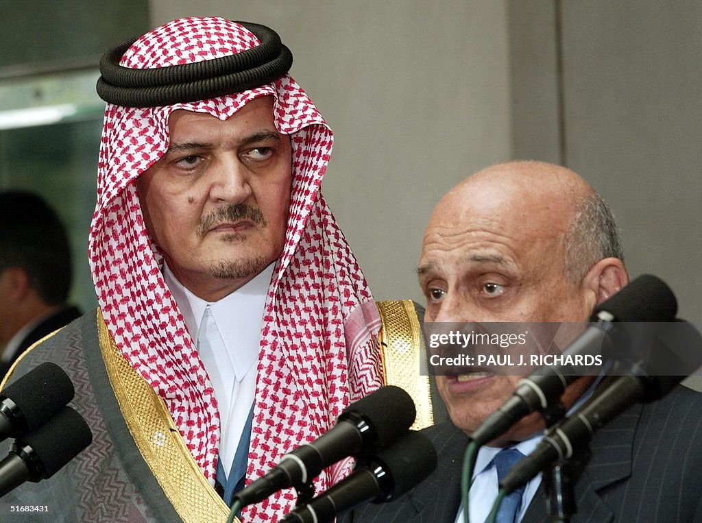 Egyptian Foreign Minister Ahmed Maher (R) speaks a