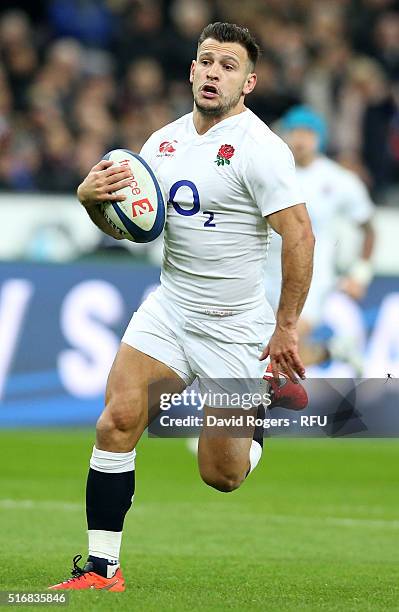 Danny Care of England breaks clear to score a try during the RBS Six Nations match between France and England at the Stade de France on March 19,...