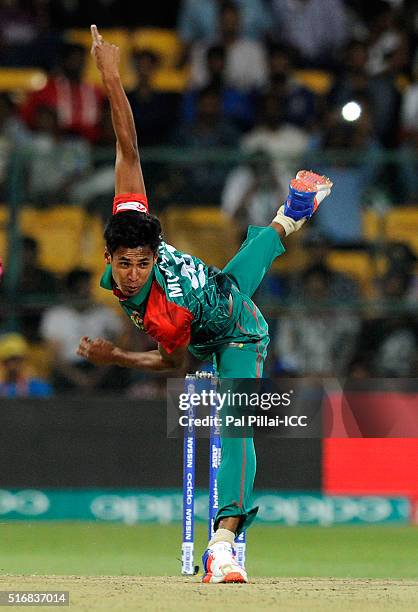 Mustafizur Rahman of Bangladesh bowls during the ICC World Twenty20 India 2016 match between Australia and Bangladesh at the Chinnaswamy stadium on...