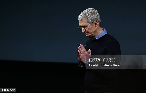 Apple CEO Tim Cook speaks during an Apple special event at the Apple headquarters on March 21, 2016 in Cupertino, California. The company is expected...