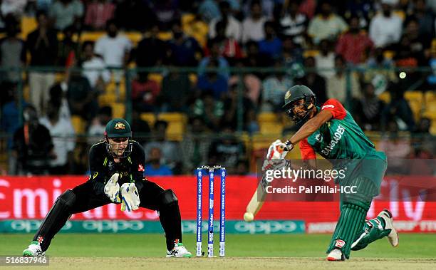 Mahmudullah of Bangladesh bats during the ICC World Twenty20 India 2016 match between Australia and Bangladesh at the Chinnaswamy stadium on March...