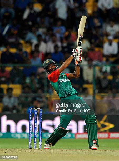 Mahmudullah of Bangladesh bats during the ICC World Twenty20 India 2016 match between Australia and Bangladesh at the Chinnaswamy stadium on March...