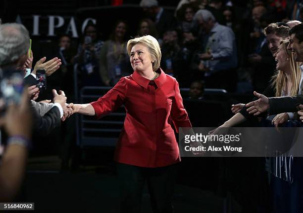 Democratic presidential candidate Hillary Clinton greets attendees piror to her address to the annual policy conference of the American Israel Public...